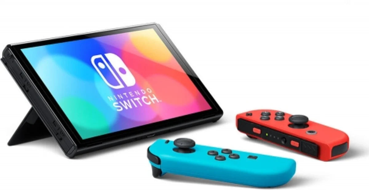 Console Nintendo Switch (modèle OLED) avec manettes Joy-Con bleu néon / rouge néon