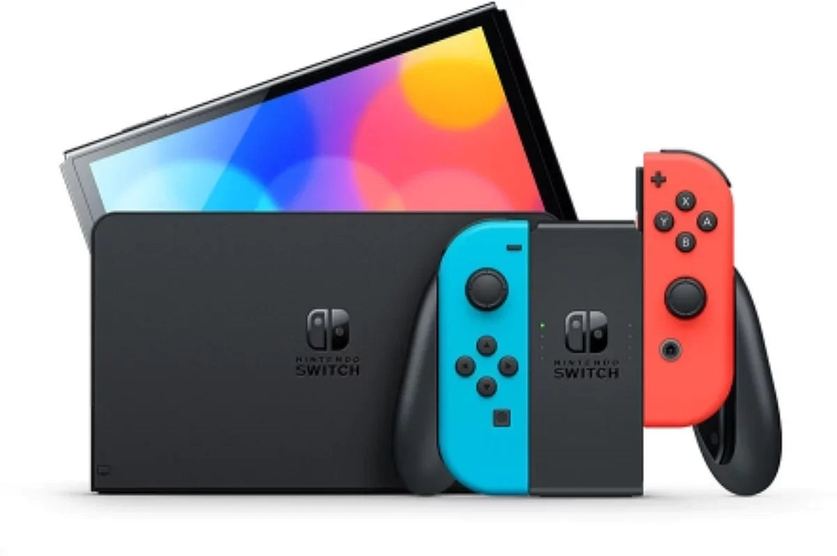 Console Nintendo Switch (modèle OLED) avec manettes Joy-Con bleu néon / rouge néon